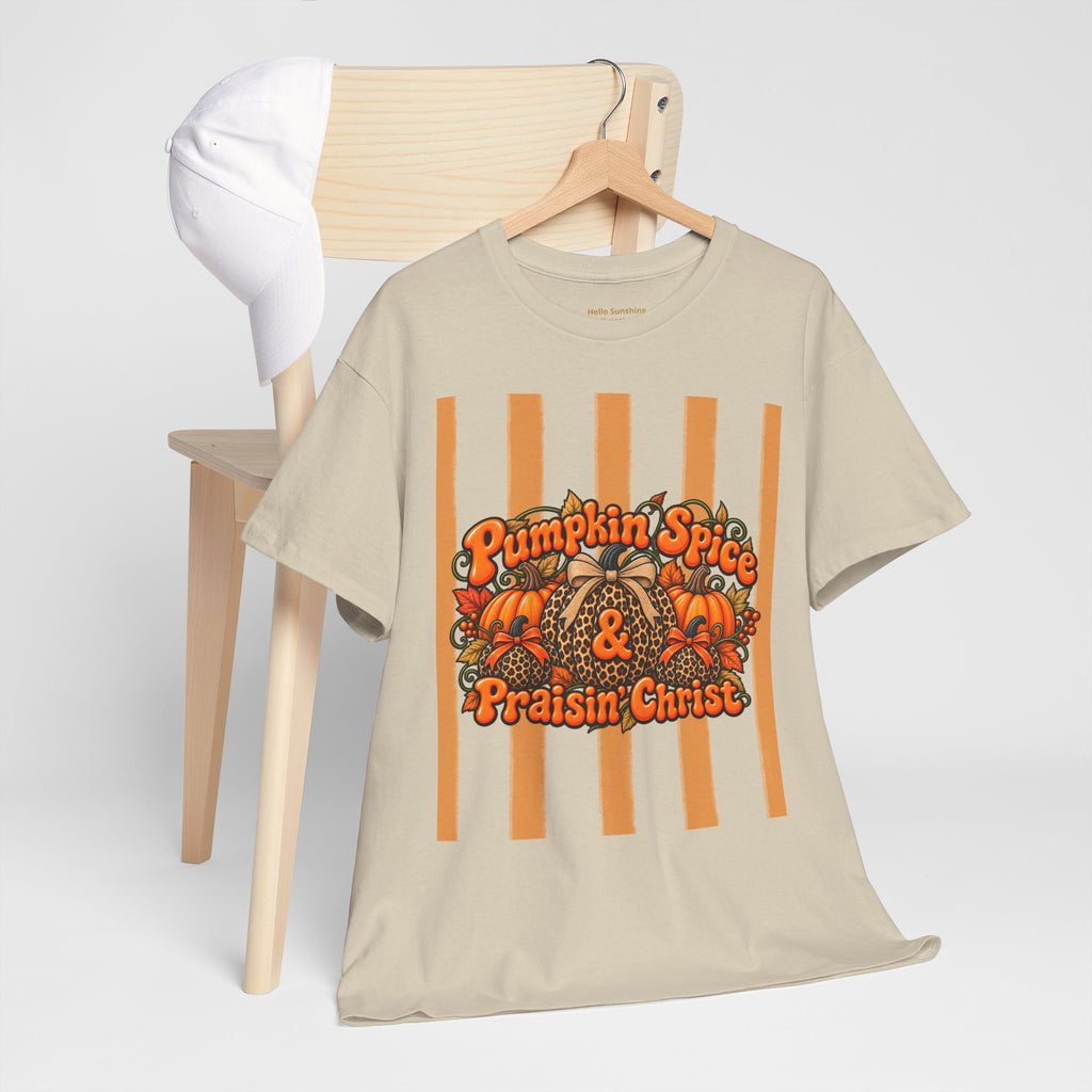 Pumpkin Spice & Praisin' Christ Tee — Fall Christian Pumpkin Graphic T-Shirt