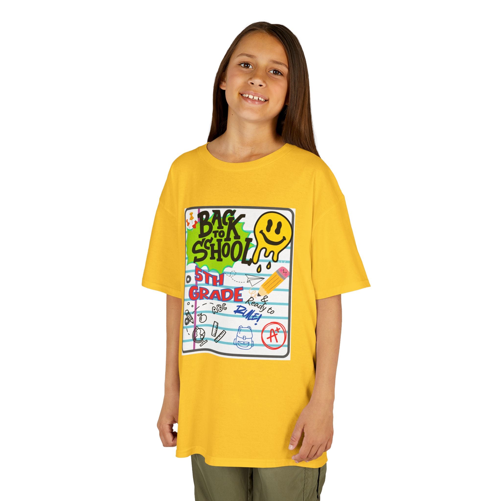 Kids "Back to School" Notebook Graphic Tee – 5th Grade Smiley Doodle Shirt