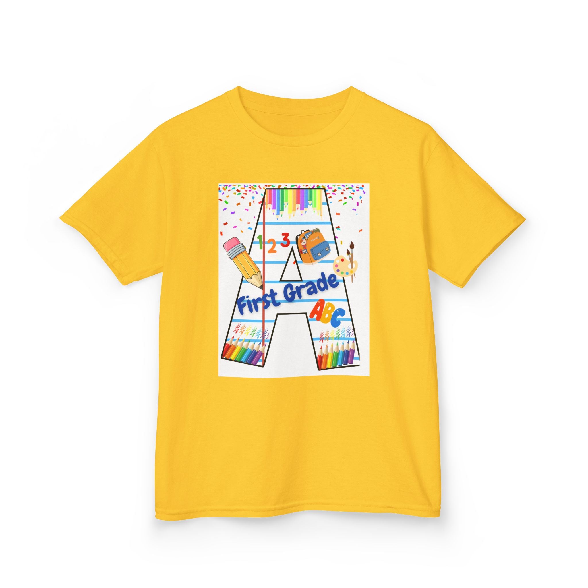 First Grade Kids Tee — Back to School A Monogram T-Shirt with Pencils & ABCs