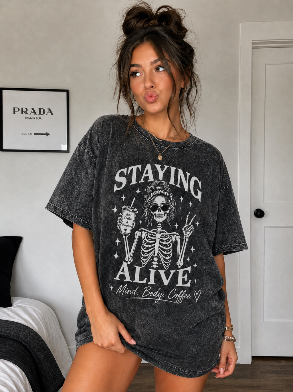 "Staying Alive"   Snow Washed Oversized Cotton T-Shirt