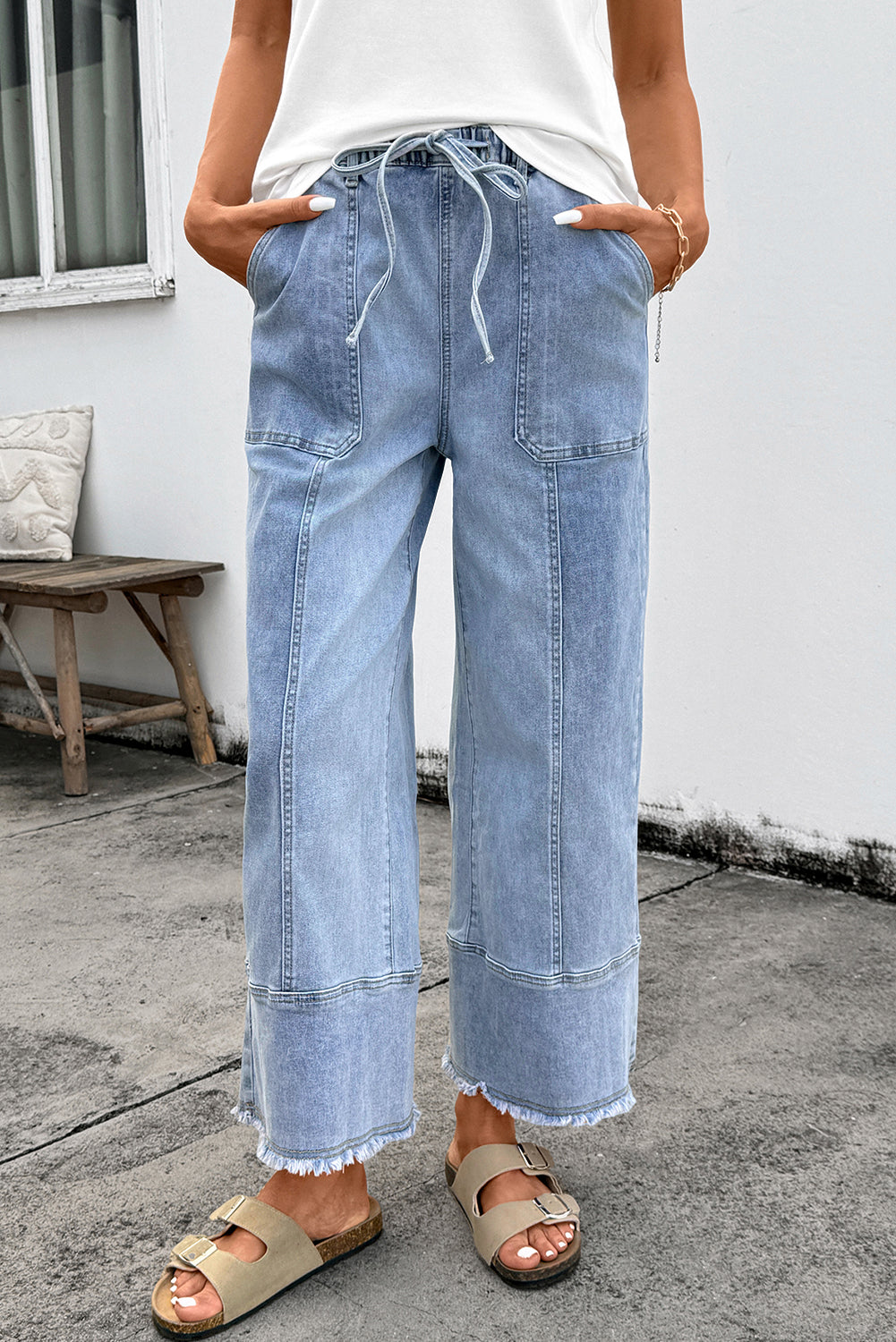 Prussian Blue Drawstring Seam Detail Raw Hem Wide Leg Denim Pants