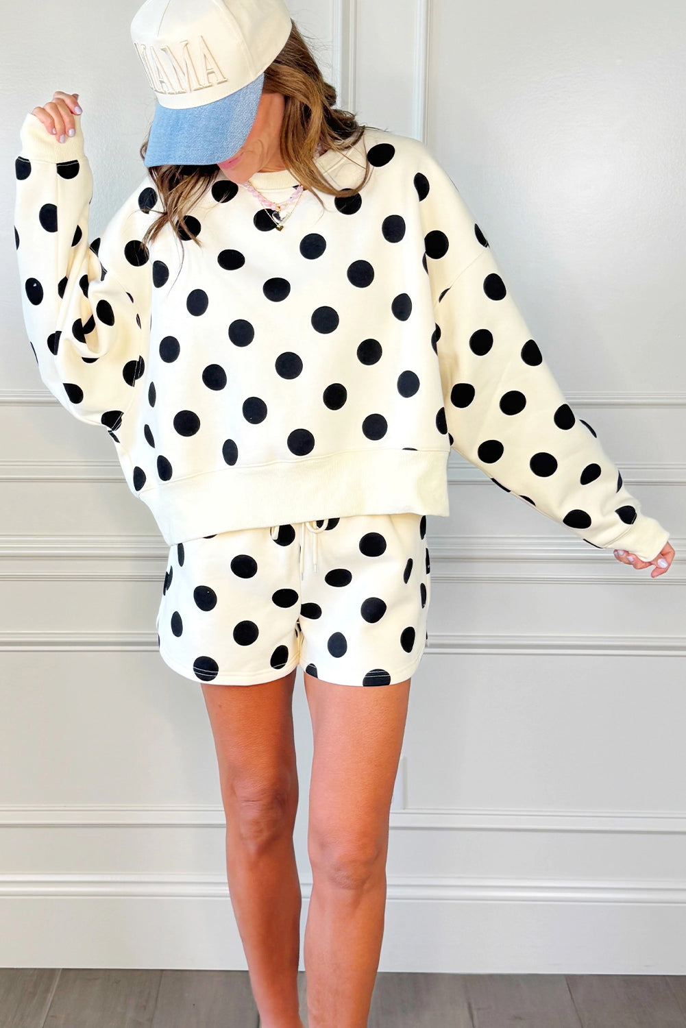 Multicolour Polka Dot Print Drop Shoulder Pullover Drawstring Shorts Set